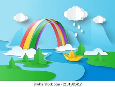 Rainy clouds in the sky, beautiful rainbow hanging over the river, boat floating on water, vector illustration in paper art style.