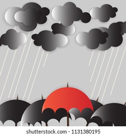 Rainy cloudy day. Stylish monochrome banner with paper cut  black and red umbrellas, clouds and rain. Vector illustration.