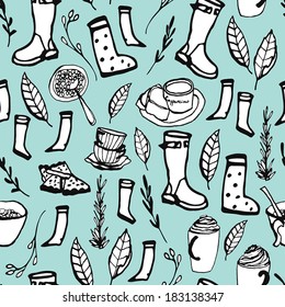 Rainy coffee time sketch background. Cute ink vector seamless pattern