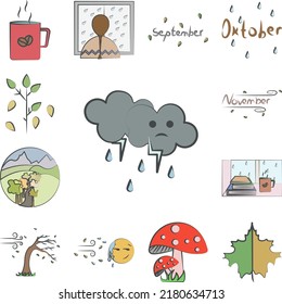 Rainy colored hand drawn icon in a collection with other items