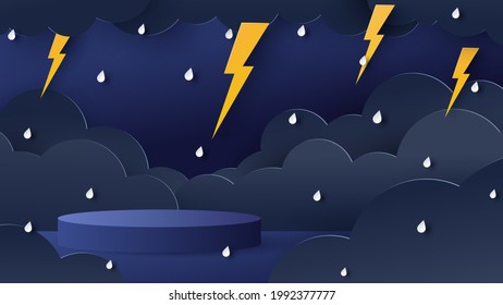 Rainy-Konzept. Wolke und Blitz mit Regen- und Podium-Plattform auf dunklem Hintergrund. Papierschnitt und handwerkliche Illustration