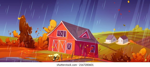 Rainy countryside landscape with farm barn, agriculture field and houses in fall. Vector cartoon illustration of autumn scene with rain jets, farmland with granary, road, fence and orange trees