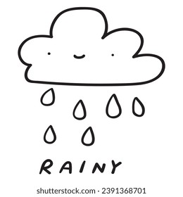 Lluvia. Nubes cortas con gotas de lluvia. Icono de previsión meteorológica. Concepto de educación infantil. Ilustración de contorno dibujada a mano del vector.