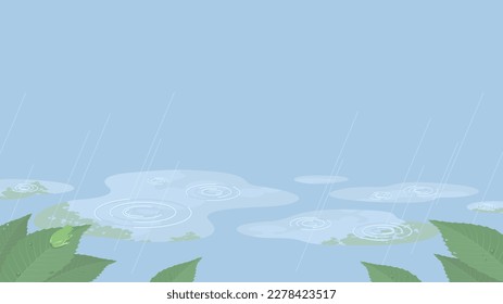 Rainy day background with copy space. Vector illustration of puddles, leaves wet in the rain and a frog.