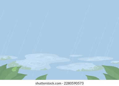 Rainy day background with copy space. Vector illustration of puddles, leaves wet in the rain and a frog.