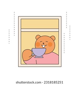 Rainy Day. The bear is drinking tea and watching the rain outside the window. Simple illustration with outlines.