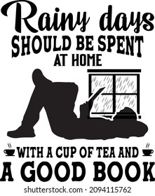 A rainy day and book reading with a cup of tea. Books lover vector illustration. Books reading Vector illustration for poster, web, print, banner, t-shirt print, and especially for POD.