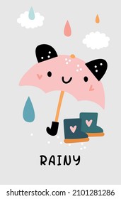 Rainy day card. Baby boots and umbrella on cute childish poster