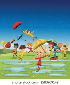 Rainy day with cartoon children playing green park