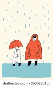 Rainy Day Cat and Girl in Red - Cute Minimal Doodle Illustration