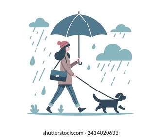 Rainy day cat and girl stock vector. Illustration