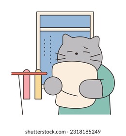 Día de Lluvia. El gato está olfateando cuando llueve y la ropa no está seca. Ilustración simple con contornos.