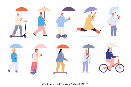 Rainy day characters. Raincoat and umbrella for people. Worker on bike, cute persons hold umbrellas. Autumn weather outdoor walk utter vector set