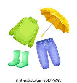 Rainy day clothes for boy or girl set. Knitted sweater, rubber boots, jeans and umbrella cartoon vector illustration