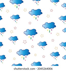 rainy day. cloud with rain illustration with stars on white background. colorful water, blue cloud. hand drawn vector. seamless pattern. doodle art for wallpaper, wrapping paper and gift, backdrop. 