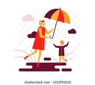 Rainy day - colorful flat design style illustration on white background. Bright unusual composition with a mother and a child walking with an umbrella, a boy slopping about in puddles. Weather concept