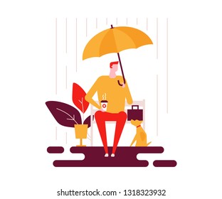 Rainy day - colorful flat design style illustration on white background. Bright composition with a boy sitting on a bench with an umbrella, drinking coffee, a cute dog. Weather types, seasonal concept