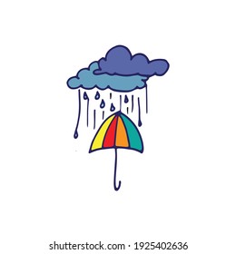 rainy day with colorful umbrella on white background. blue outline, hand drawn vector. abstract background. doodle art for kids, wallpaper, sticker, clipart, poster, banner, advertising.