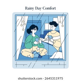 Cena de conforto dia chuvoso com duas pessoas desfrutando de um momento interior acolhedor. Eles se envolvem com livros e bebidas, enquanto a chuva aumenta a atmosfera serena. Um retrato perfeito de relaxamento e contentamento.