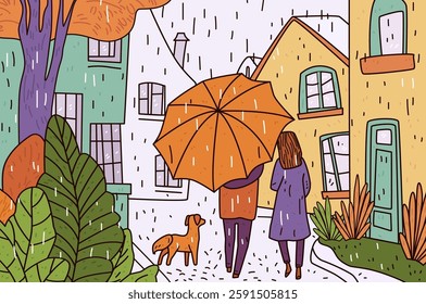 Rainy day couple umbrella walking dog colorful houses street autumn foliage charming scene cozy atmosphere