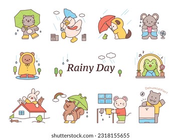 Rainy day. Cute animal anthropomorphic character. Simple flat design style illustration with outlines.