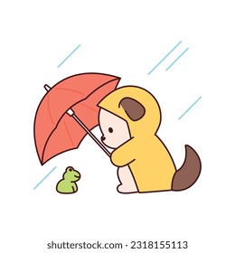 Rainy day. A cute puppy is putting an umbrella on a little frog. Simple flat design style illustration with outlines.
