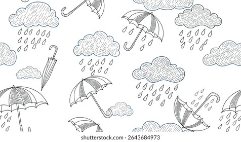 Rainy Day Delights A Whimsical Black and White Illustration of Weather Elements