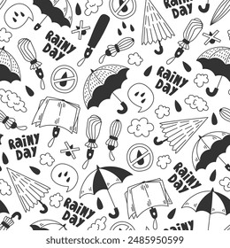 Rainy Day Doodle Seamless Pattern. Comic Hand drawn background with falling umbrellas clouds text raindrops. Repeat vector illustration in cartoon style