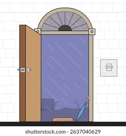 Rainy Day Entrance Door with Umbrella and Archway Design