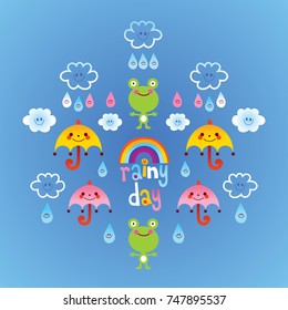 rainy day frogs clouds umbrellas raindrops