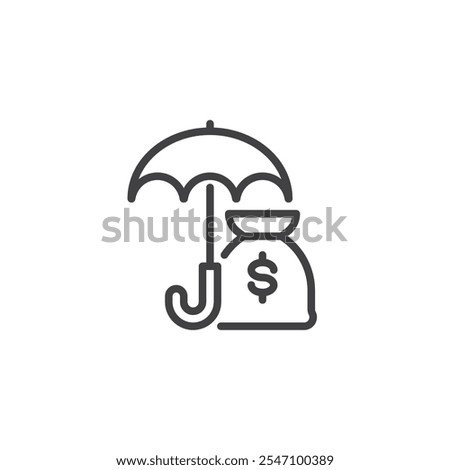 Rainy Day Fund line icon. linear style sign for mobile concept and web design. Money bag and umbrella outline vector icon. Financial protection symbol, logo illustration. Vector graphics