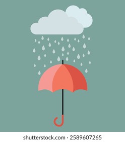 A rainy day with gray clouds covering the sky, steady raindrops falling, wet streets reflecting light, and people using umbrellas, creating a calm, cozy, and refreshing atmosphere.