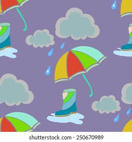 Rainy day. Hand-drawn vector seamless pattern with umbrella, rain drops, clouds and puddles.