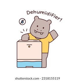 Rainy day. A hippo using a dehumidifier. Simple flat design style illustration with outlines.