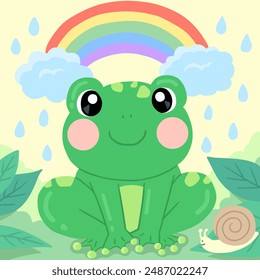 Rainy day illustration with frog and rainbow