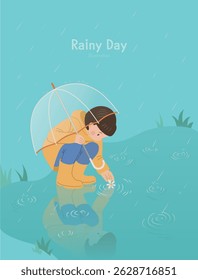 Dia chuvoso ilustração Menina sentada com um guarda-chuva e capa de chuva
