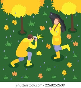 Fondo isométrico del día lluvioso con composición de hojas de otoño árboles y hombre disparando a la niña en la ilustración del vector de cámara