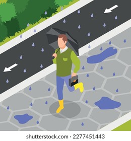 Rainy day isometric background composition with man running along park lane with umbrella and rain drops vector illustration