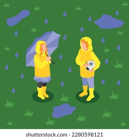 Rainy day isometric background with composition of two teenage kids under rainfall with umbrella and ball vector illustration