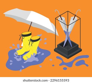 Rainy day isometric background with composition of umbrella box waterproof boots images and puddles of water vector illustration