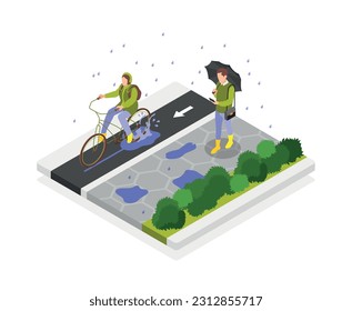 Rainy day isometric composition with isolated park scenery with people walking on pavement riding bicycle lane vector illustration