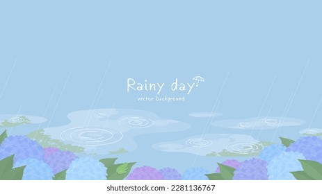 Rainy day landscape with blooming hydrangeas. Vector illustration of puddles, flowers, leaves wet in the rain and a frog.