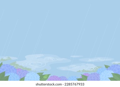 Rainy day landscape with blooming hydrangeas. Vector illustration of puddles, flowers, leaves wet in the rain and a frog.