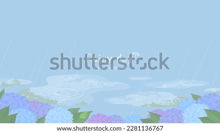 Rainy day landscape with blooming hydrangeas. Vector illustration of puddles, flowers, leaves wet in the rain and a frog.
