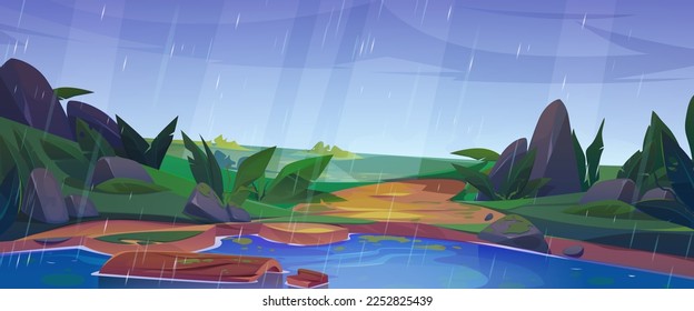 Rainy day landscape with lake water with floating log. Nature scene with green field, river or pond shore with stones, falling rain drops, vector magic cartoon illustration