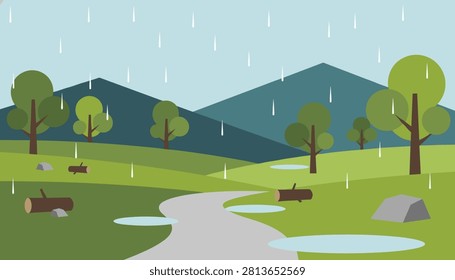 Rainy day landscape showing a path winding through green fields with trees, puddles, logs, and mountains under a gray sky.