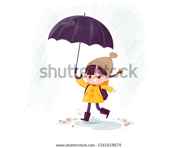 Rainy Day Little Girl Umbrella Running Stock Vector (Royalty Free ...