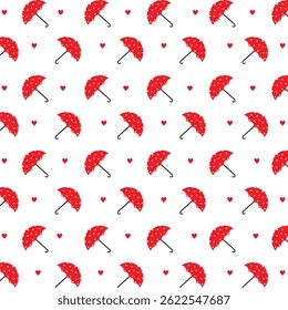 Dia chuvoso fundo do amor. Fundo de padrão de coração de guarda-chuva vermelho