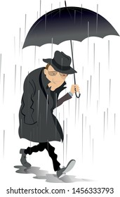 Rainy day and the man in low spirits illustration. Sad man with umbrella is walking on the puddles under the rain isolated on white 

