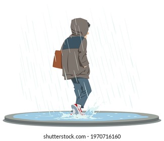 Rainy day. Man in rain. Sad mood. Bad weather. Illustration concept for mobile website and internet development.